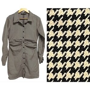 Zara Dress Women's Large Brown Black Houndstooth Button Down Long Sleeve Ruched